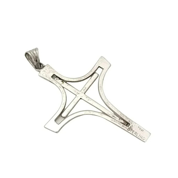Vintage Modernist TCJI .925 Sterling Silver Cross Pendant Signed Openwork - Picture 3 of 4
